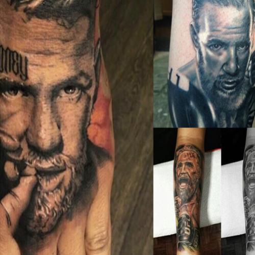 Alguns fãs que tatuaram o rosto de Conor McGregor no corpo.