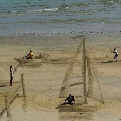 Arte 3D na areia da praia